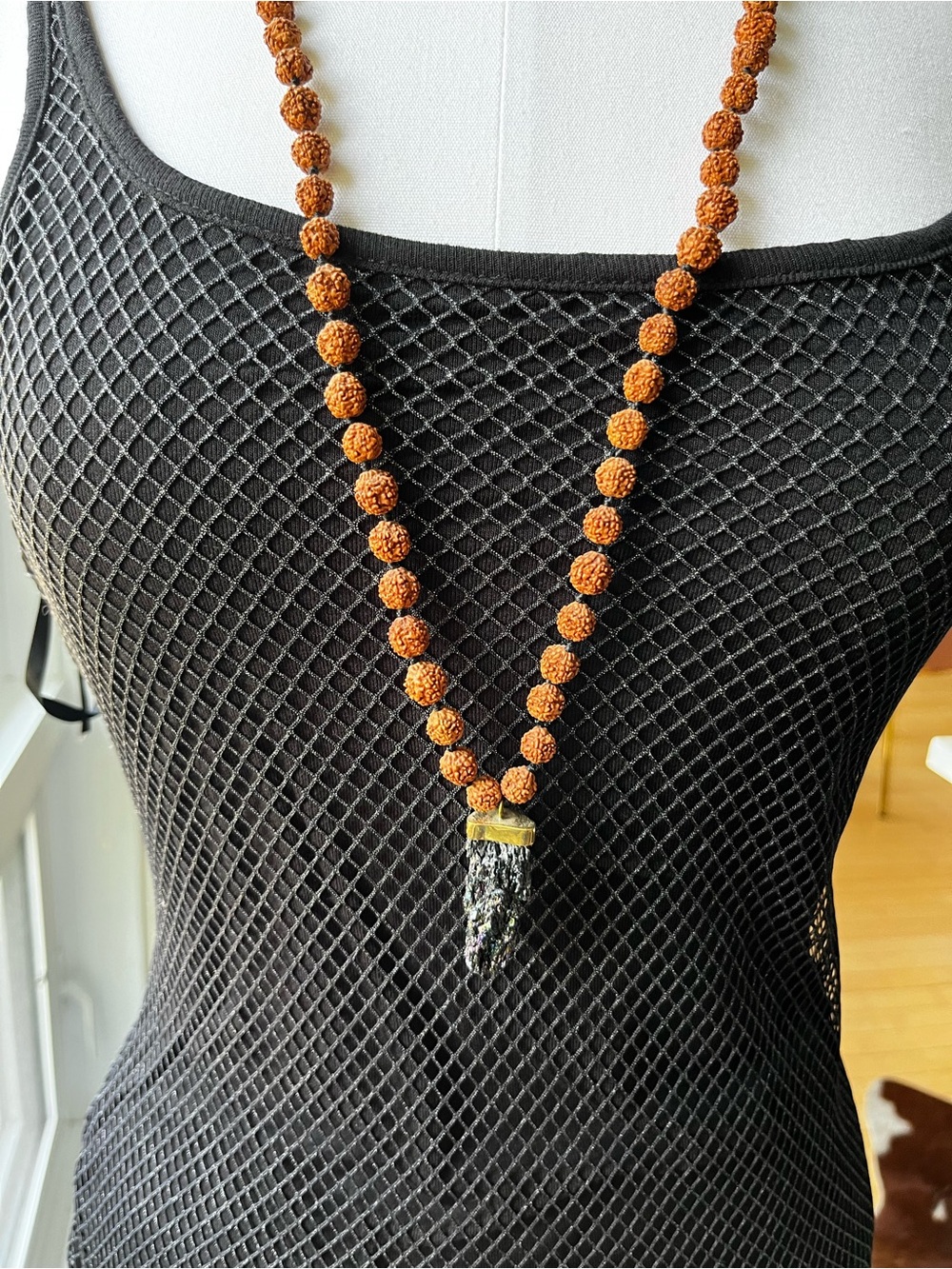 Rudraksha Bead Necklace with Black Tourmaline Pendant